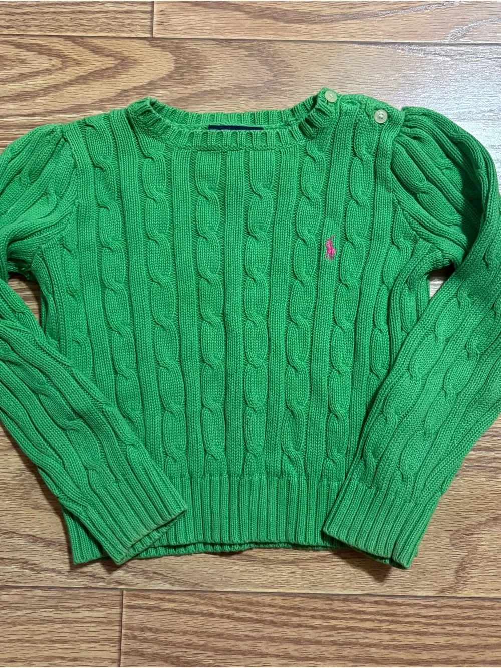 Ralph Lauren Green Pink Horse Logo Cable Knit Toddler Sweater 4T Classic